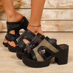 Open toe block heel sandals by Plush Fashion Hub featuring stylish straps and a comfortable chunky heel.
