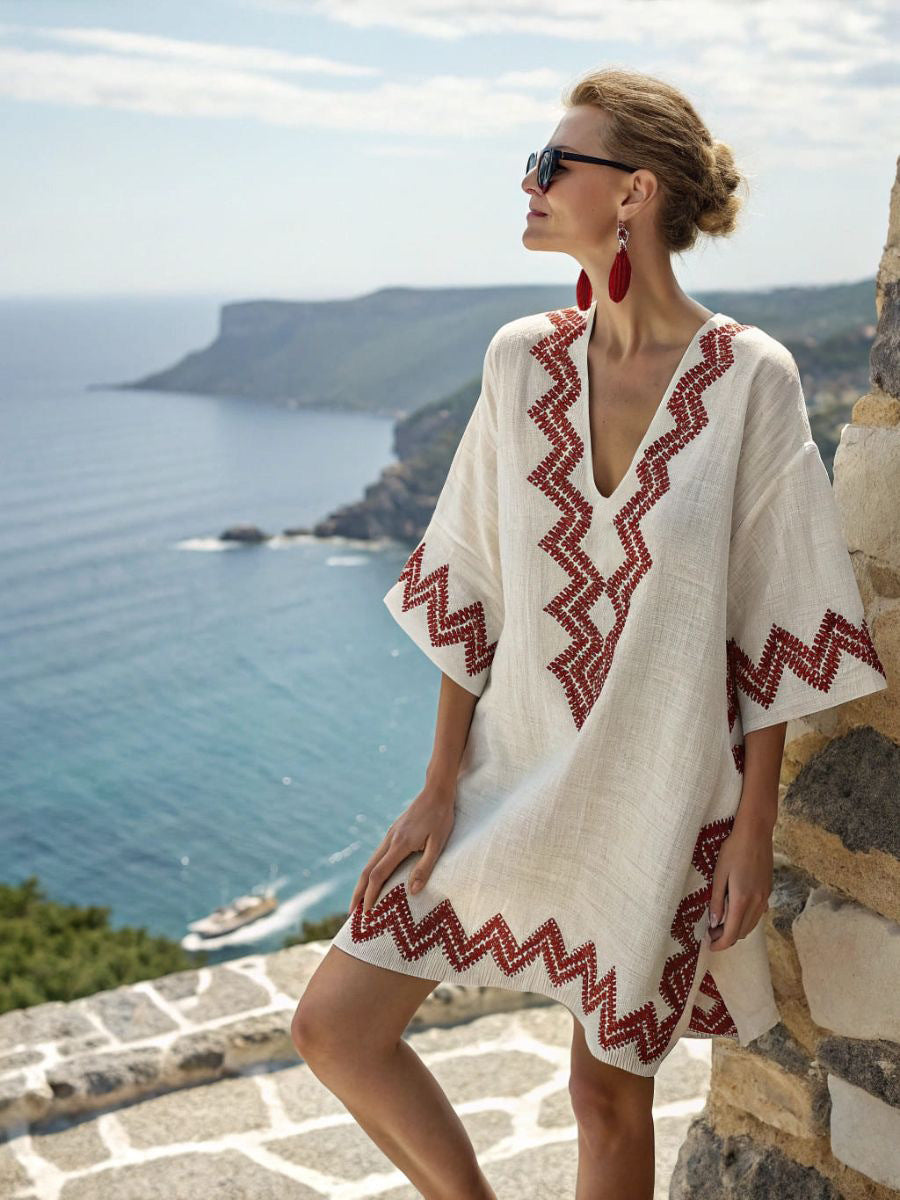 Women’s printed loose A-line beach midi dress by FitiqueFit, featuring vibrant tropical patterns and flowy fabric for resort wear.