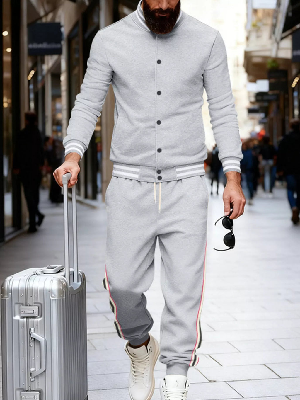 Men's plus size striped snap-down top and pants set by Trendsi, featuring full-size men's fashion with a coordinated style.