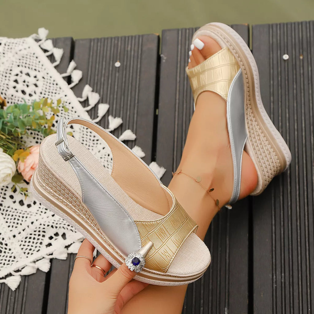 Open toe wedge sandals by Shopimist featuring a tan leather upper and cork platform sole, perfect for summer casual wear.