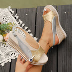 Open toe wedge sandals by Shopimist featuring a tan leather upper and cork platform sole, perfect for summer casual wear.