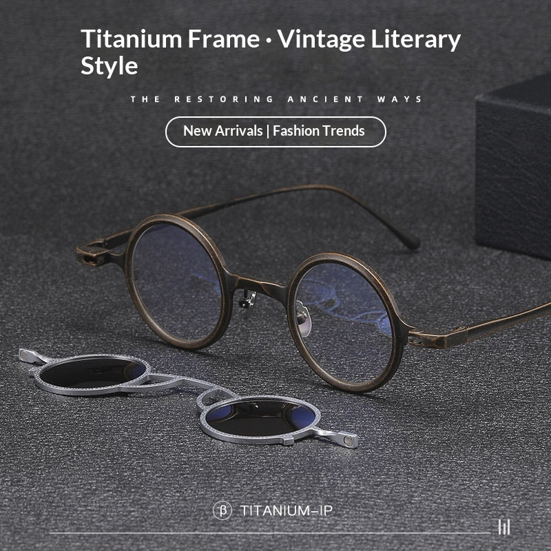 Pure titanium small round sunglasses by FitiqueFit featuring retro luxury style eye wear with sleek round frames.