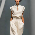 Women's Chinese-style satin casualwear set with short-sleeve top and pants by FitiqueFit, featuring elegant silk-like fabric and traditional design