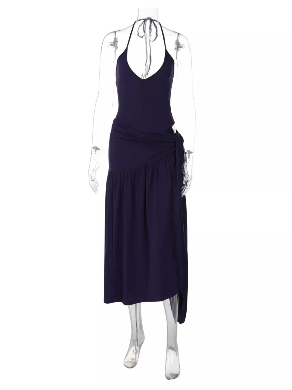 Halter neck ruched bodysuit with matching maxi skirt, stylish Shopimist set, shown in black fabric, close-up view of the outfit.