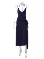 Halter neck ruched bodysuit with matching maxi skirt, stylish Shopimist set, shown in black fabric, close-up view of the outfit.