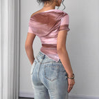 Women’s tie-dye one-shoulder mesh ruched top by Plush Fashion Hub, featuring an asymmetrical stretch tee for casual outings.