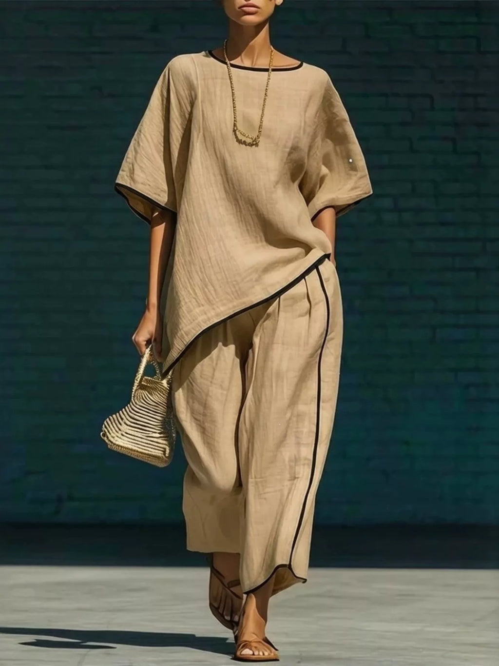 Contrast trim round neck top and pants set by Plush Fashion Hub, featuring a comfortable fit and stylish design.