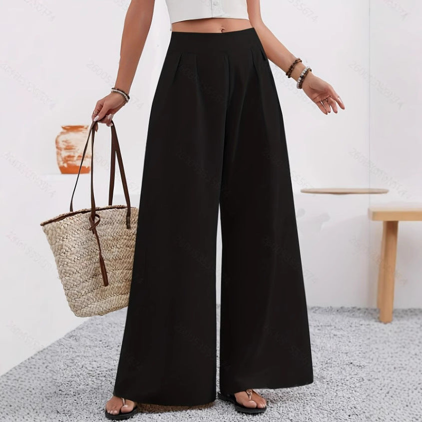 Women's high-waist wide-leg trousers with pockets from Plush Fashion Hub, full-length and stylish for casual or office wear.