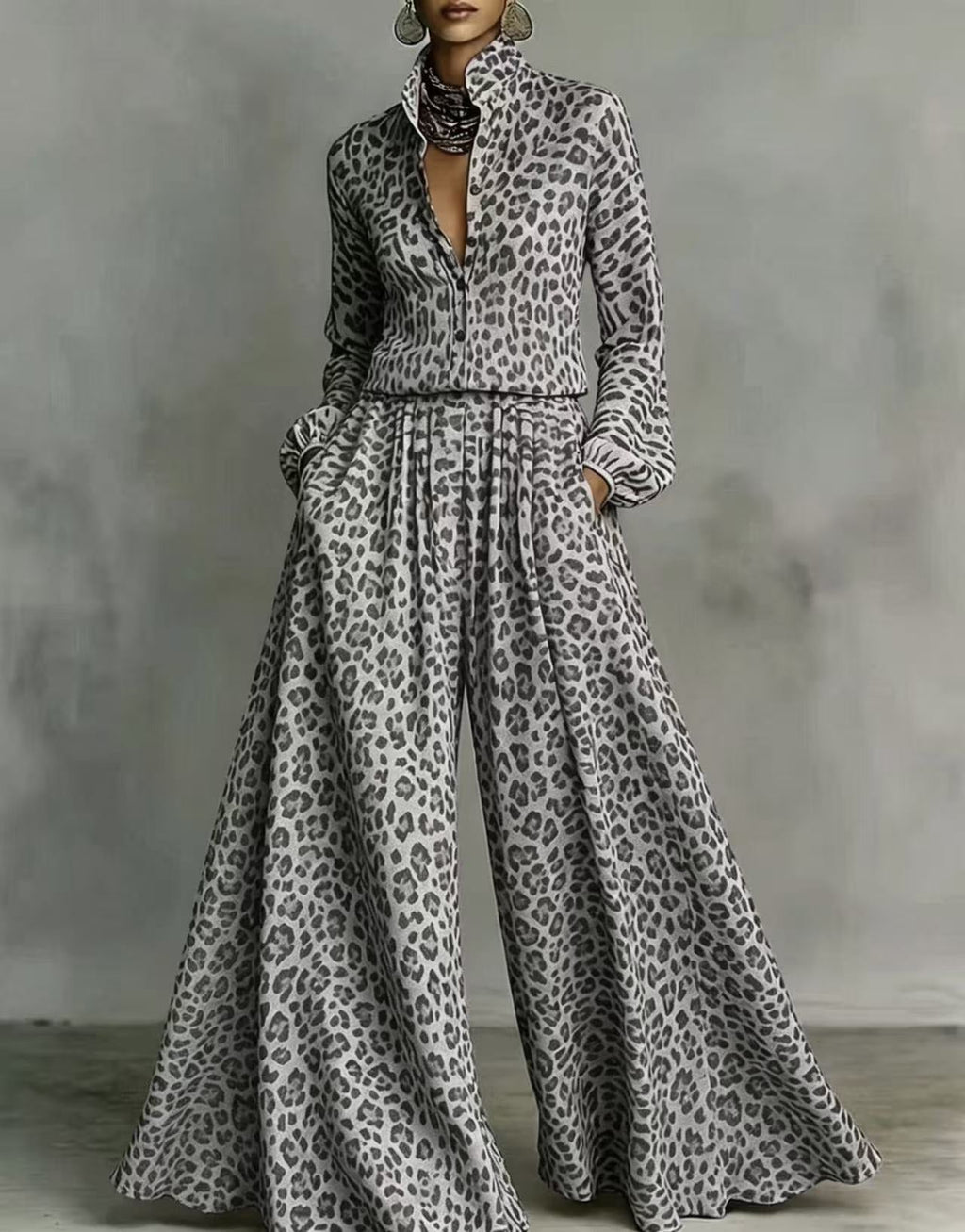 Leopard print wide-leg pants set for women, casual two-piece by Plush Fashion Hub, featuring stylish animal print and relaxed fit.
