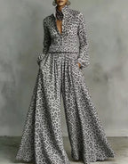 Leopard print wide-leg pants set for women, casual two-piece by Plush Fashion Hub, featuring stylish animal print and relaxed fit.