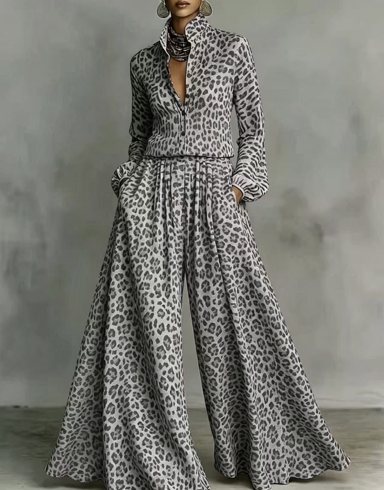 Leopard print wide-leg pants set for women, casual two-piece by Plush Fashion Hub, featuring stylish animal print and relaxed fit.