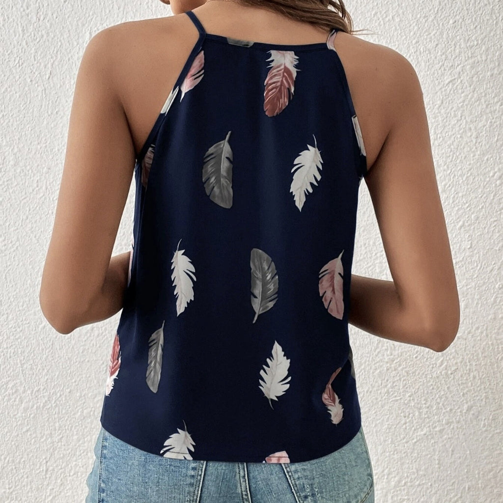 Women’s feather print notch V-neck camisole vest by FitiqueFit, featuring casualwear style with lightweight fabric and feather pattern.