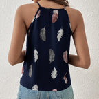 Women’s feather print notch V-neck camisole vest by FitiqueFit, featuring casualwear style with lightweight fabric and feather pattern.