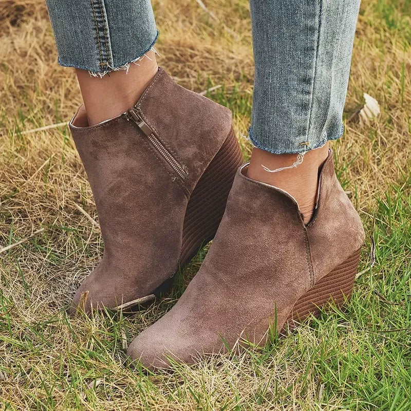 Trendsi round toe wedge ankle boots in black leather with chunky heel, stylish footwear for casual or dressy outfits.