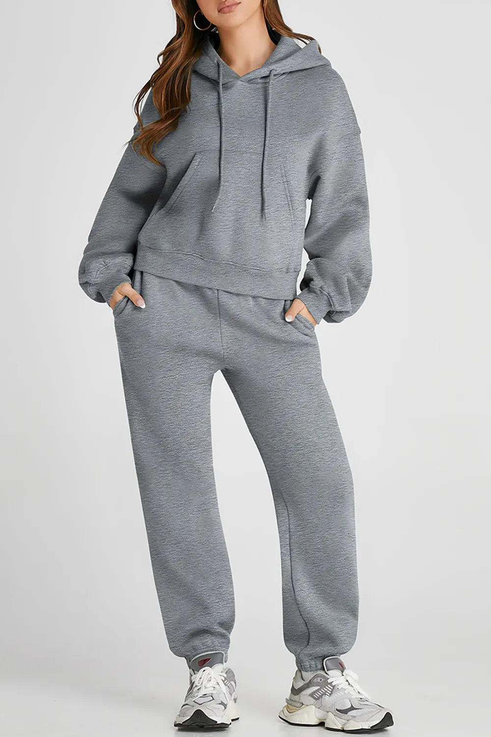 Plush Fashion Hub dropped shoulder hooded top and matching activewear pants set, casual and comfortable athletic clothing.