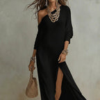 Plus-size black and white casual dress by FitiqueFit, featuring a comfortable fit and stylish solid color design.
