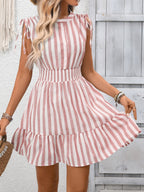 Women's striped smocked summer dress with ruffle hem, featuring a stylish and breathable design perfect for warm weather.