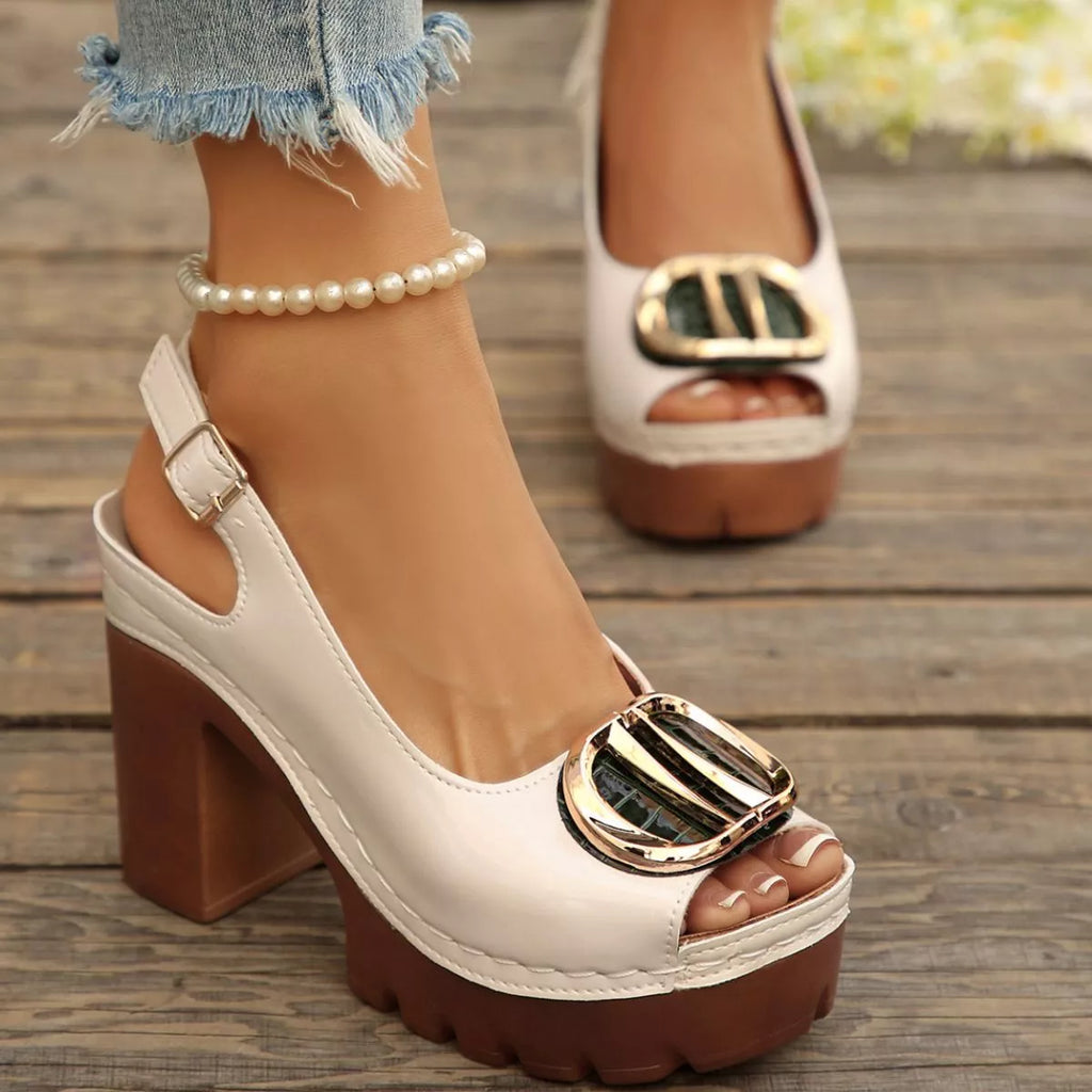 Open toe block heel sandals by Shopimist with a stylish design, featuring a comfortable chunky heel and open toe style.