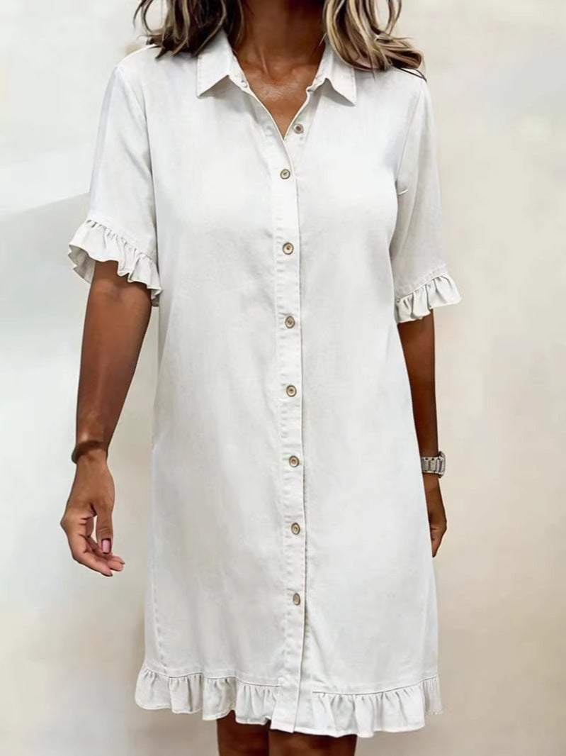 Women's faux denim ruffle-sleeve shirt dress by Plush Fashion Hub, featuring a casual denim look with ruffled sleeve details.