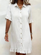 Women's faux denim ruffle-sleeve shirt dress by Plush Fashion Hub, featuring a casual denim look with ruffled sleeve details.
