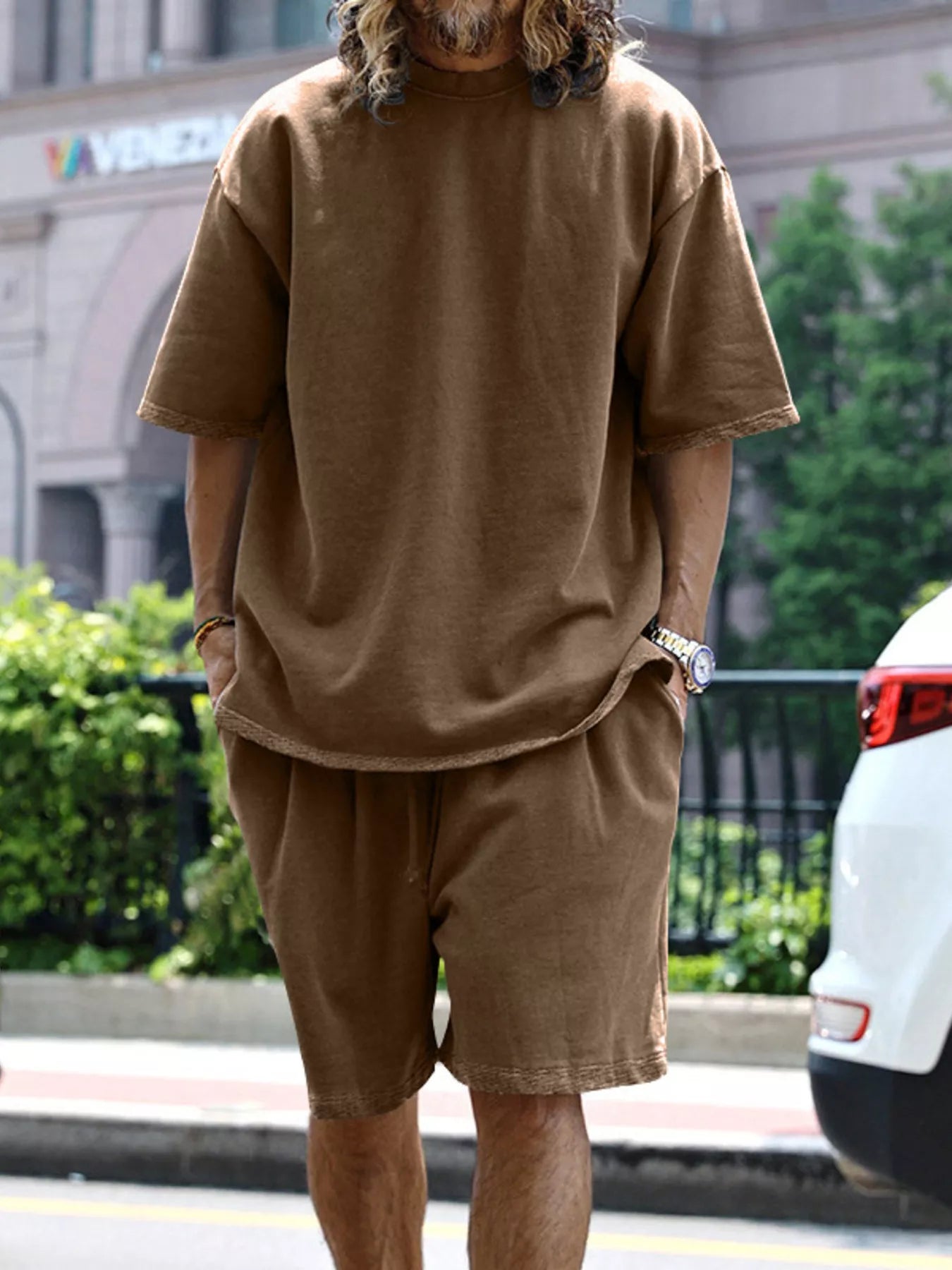 Men's relaxed fit t-shirt and shorts set by Trendsi, plus size casual tops and shorts for comfortable everyday wear.