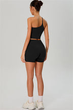Fitglutes activewear one-shoulder crop top and shorts 2-piece set, gym and workout sportswear for active women.