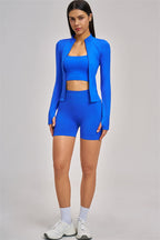 Fitglutes Activewear sports bra, jacket, and shorts 3-piece set featuring breathable fabric and athletic fit for workout ease.