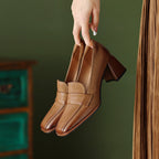 Women’s sheepskin square toe chunky heel pumps by Plush Fashion Hub, stylish retro high heel dress shoes with a classic design.