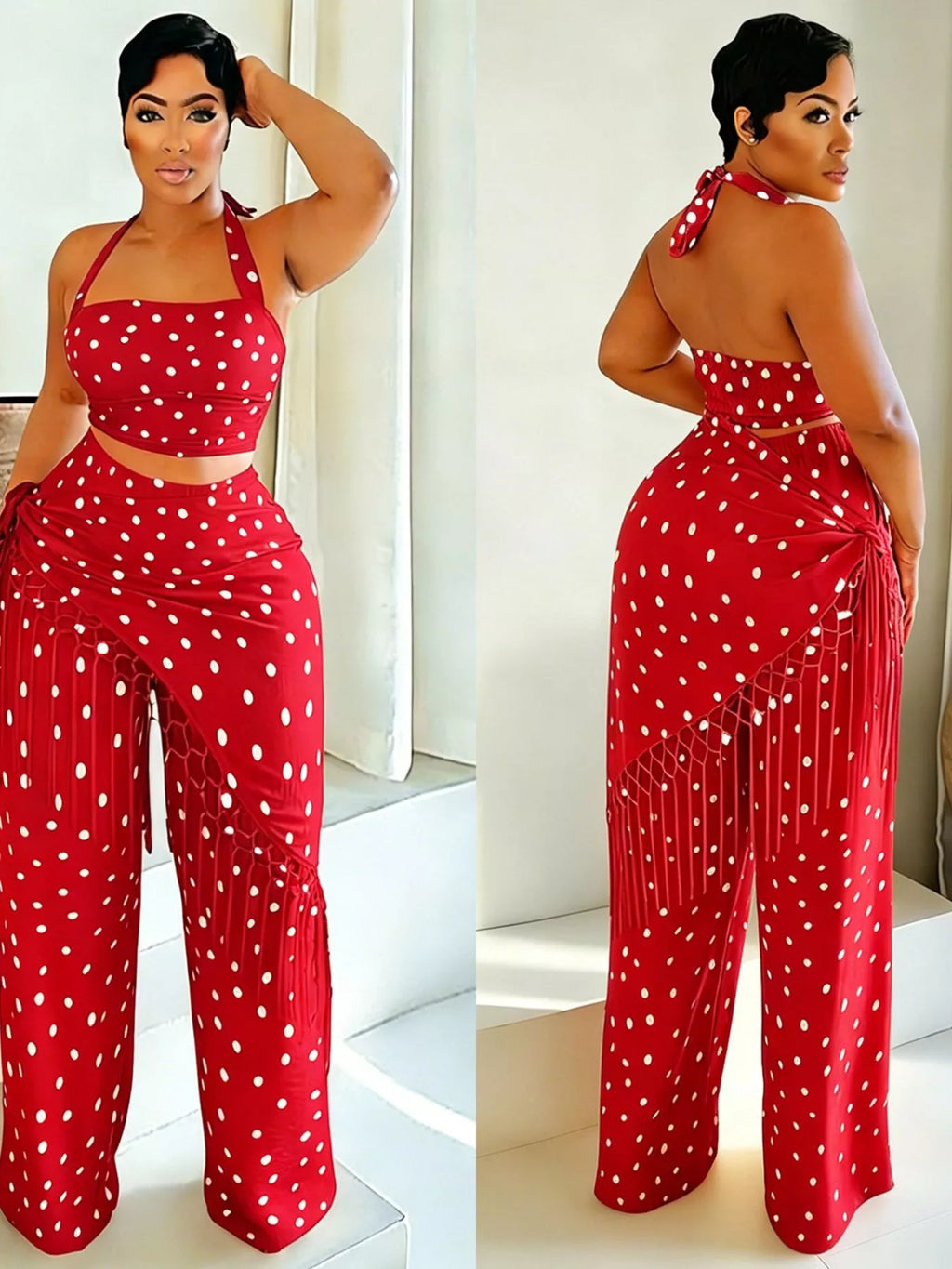 Polka dot halter neck cami and fringe trim pants set with rings from Trendsi, featuring a stylish, summery coordinated outfit.