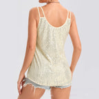 Sparkly sequin V-neck camisole with rhinestone strap, casualwear top from Plush Fashion Hub featuring a glittery, glamorous design.
