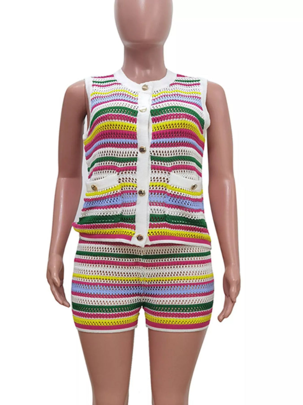 Striped crochet knit top and shorts set by Shopimist, featuring a casual, stylish design with colorful striped pattern and textured fabric.