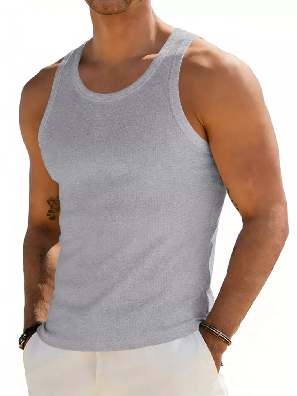 Plus size men's round neck tank top from Trendsi, showing a comfortable fit and classic design in a full-size style.