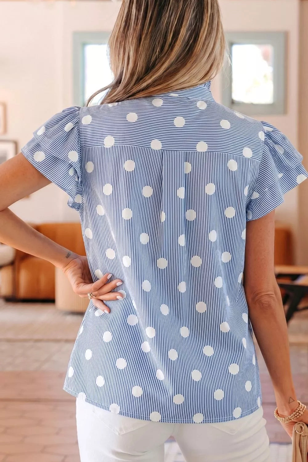 Plush Fashion Hub stripe contrast polka dot print pleated ruffle sleeve shirt, stylish and feminine with a flowy design and playful pattern.