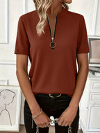 Women's ribbed half zip short sleeve casual top by Trendsi, soft stretch pullover with ribbed texture and relaxed fit.