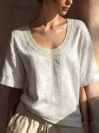 Plus size short sleeve blouse by Shopimist featuring lace trim and a full size fit, shown in a stylish and comfortable design.