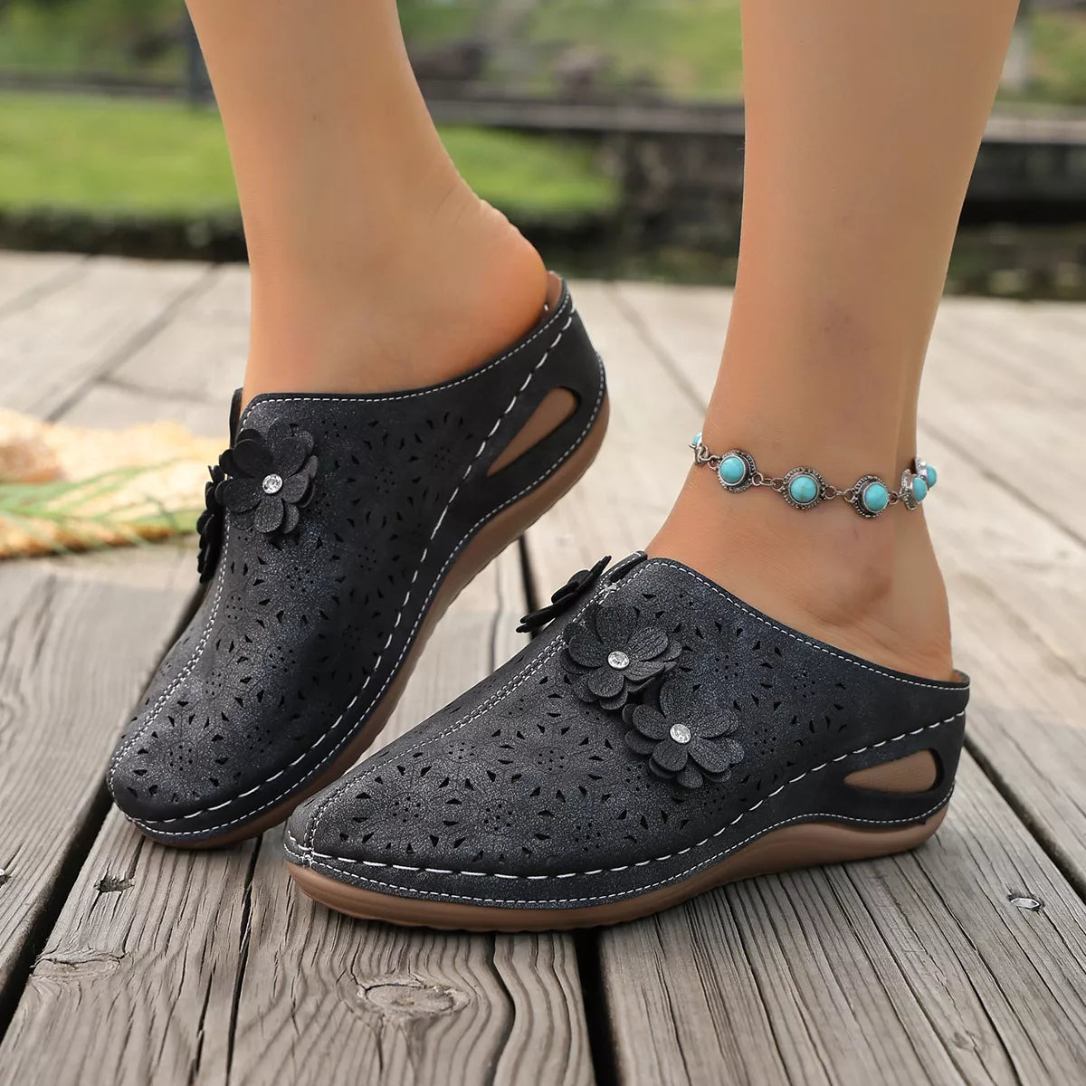 Floral decor round toe sandals from Plush Fashion Hub featuring a stylish design and comfortable fit.