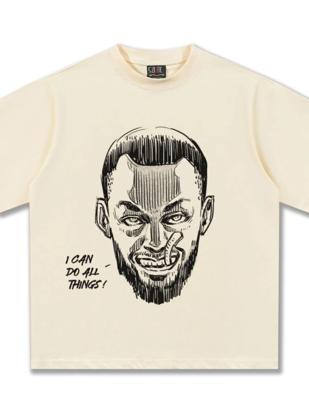 Men's graphic round neck short sleeve T-shirt by Trendsi, featuring a bold printed design on soft cotton fabric.