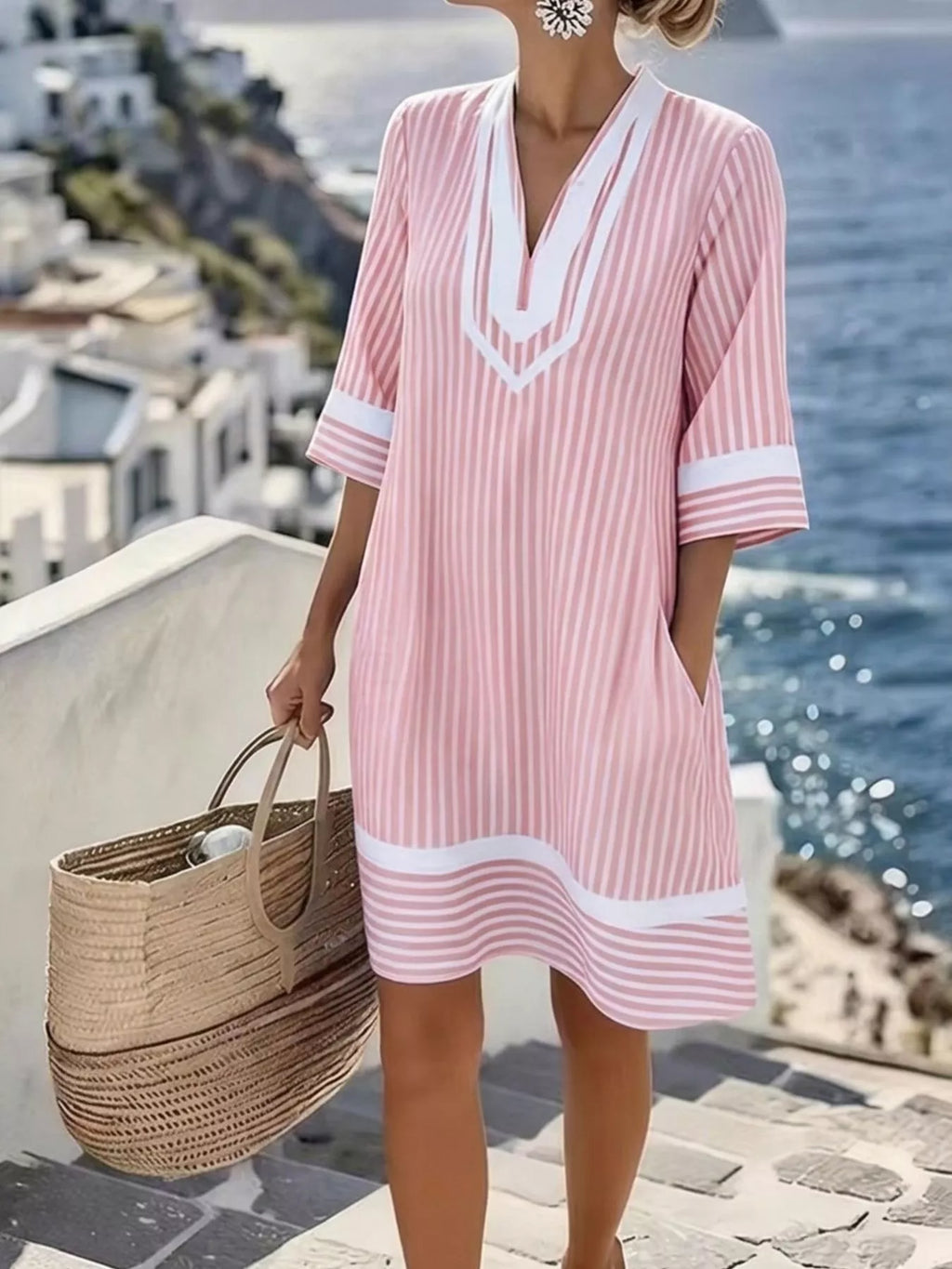 Plus size striped V-neck casual dress by Shopimist, featuring a full-length design and comfortable, stylish fit.