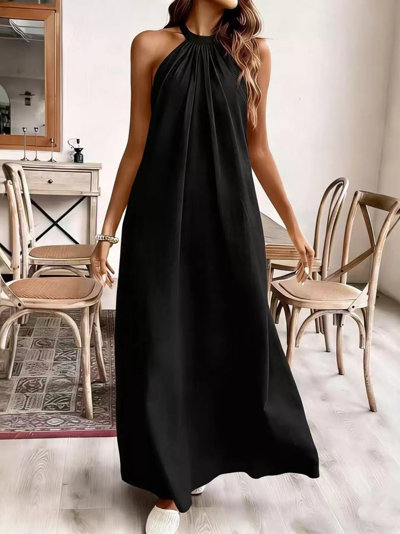 Shopimist halter neck maxi dress featuring a flowing silhouette and elegant design, perfect for summer or special occasions.
