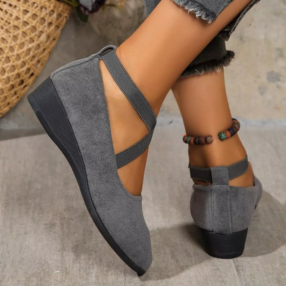 Round toe wedge loafers in neutral color, stylish footwear from Trendsi with a comfortable wedge heel.