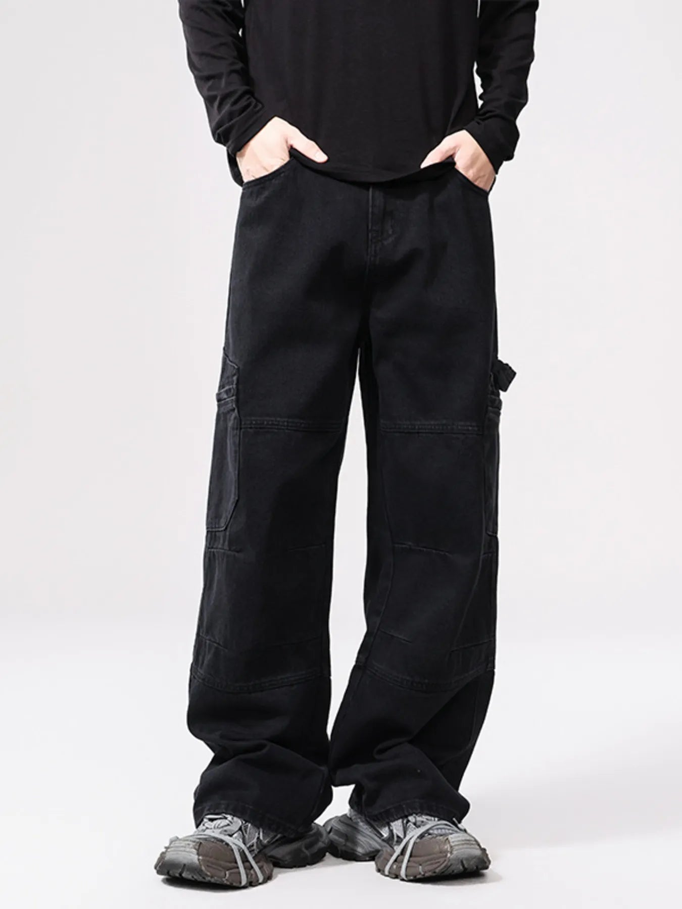Men's wide-leg denim jeans by Plush Fashion Hub, showing relaxed fit with classic blue denim fabric and wide-leg style.