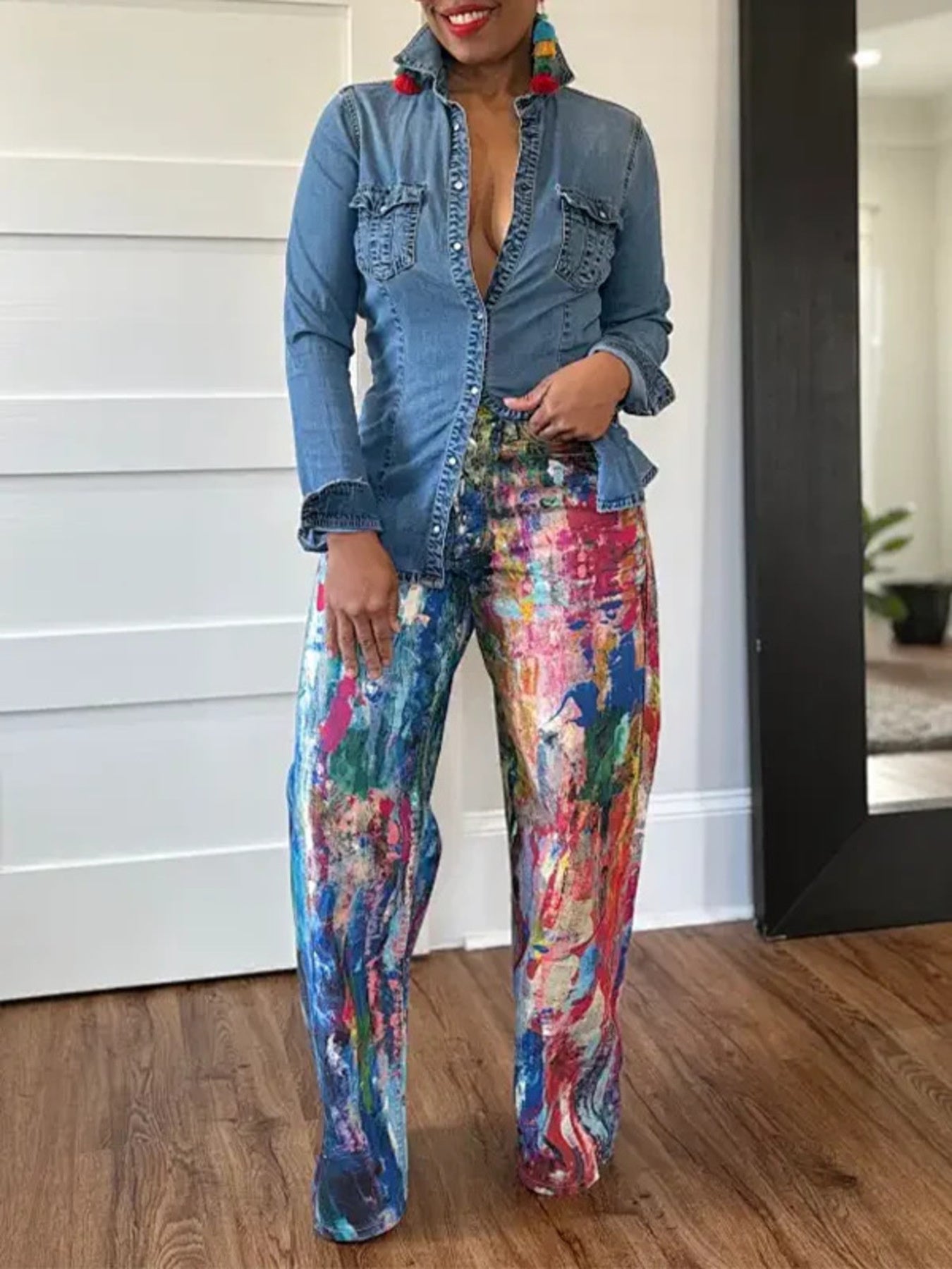 Painted wide-leg cotton blend pants from Trendsi featuring a relaxed fit and breathable fabric, shown in a casual outdoor setting.