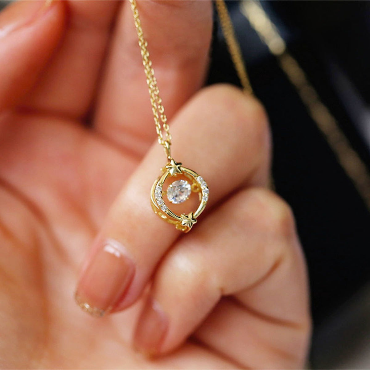 18K gold-plated zircon star circle pendant necklace with delicate chain, showcasing a sparkling star and circular design.