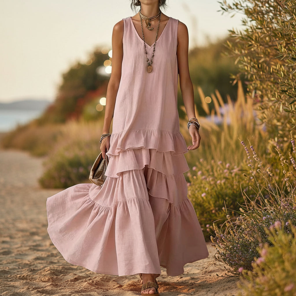 Women’s ice silk sleeveless maxi dress by FitiqueFit, loose fit, available in six colors, shown in a flowing, sleeveless design.