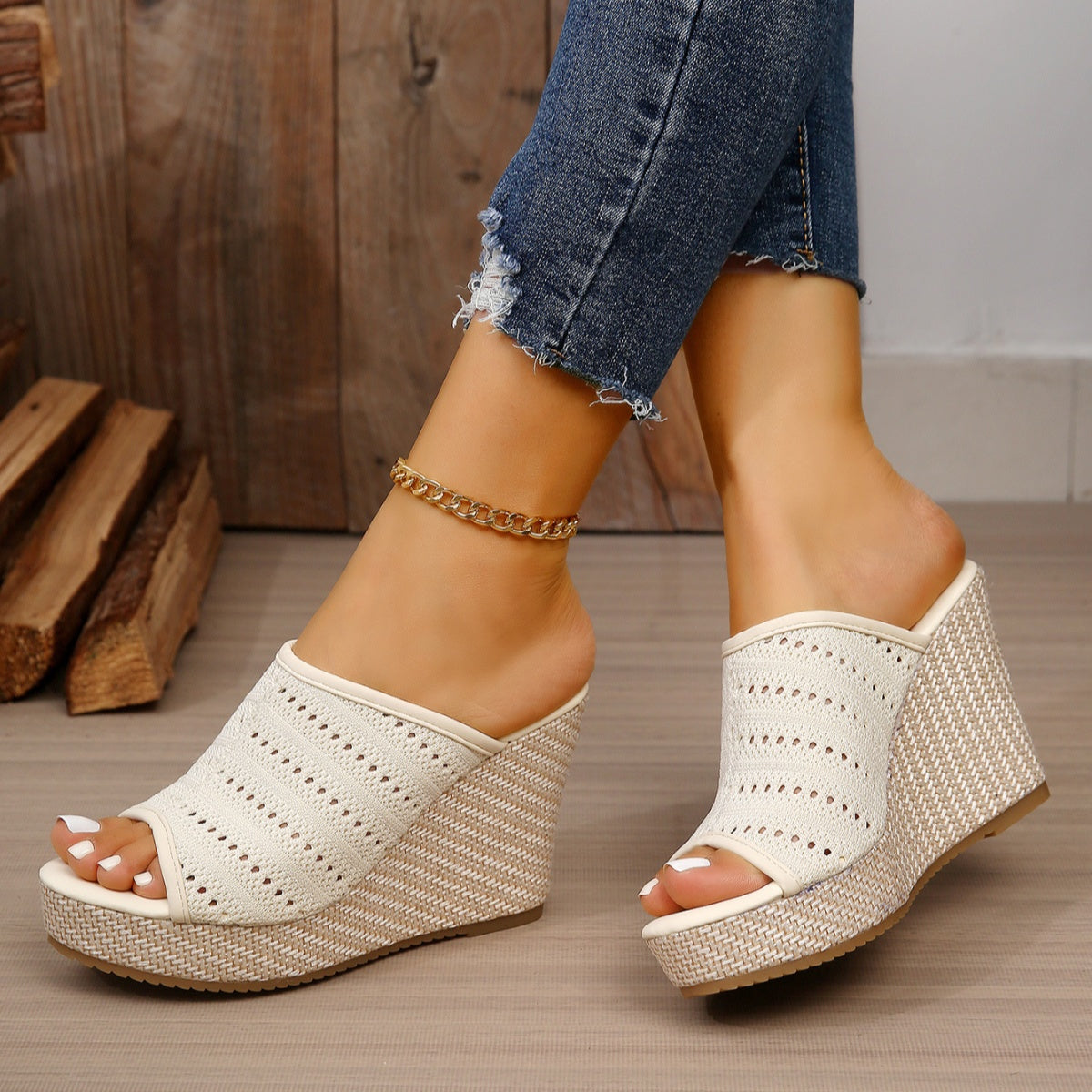 Women's mesh open toe wedge sandals by Trendsi featuring stylish high heels and comfortable design.