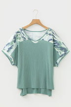 Plus size Mazie Mist Ribbed Patchwork Tee by Threaded Pear, featuring a stylish ribbed fabric and colorful patchwork design.