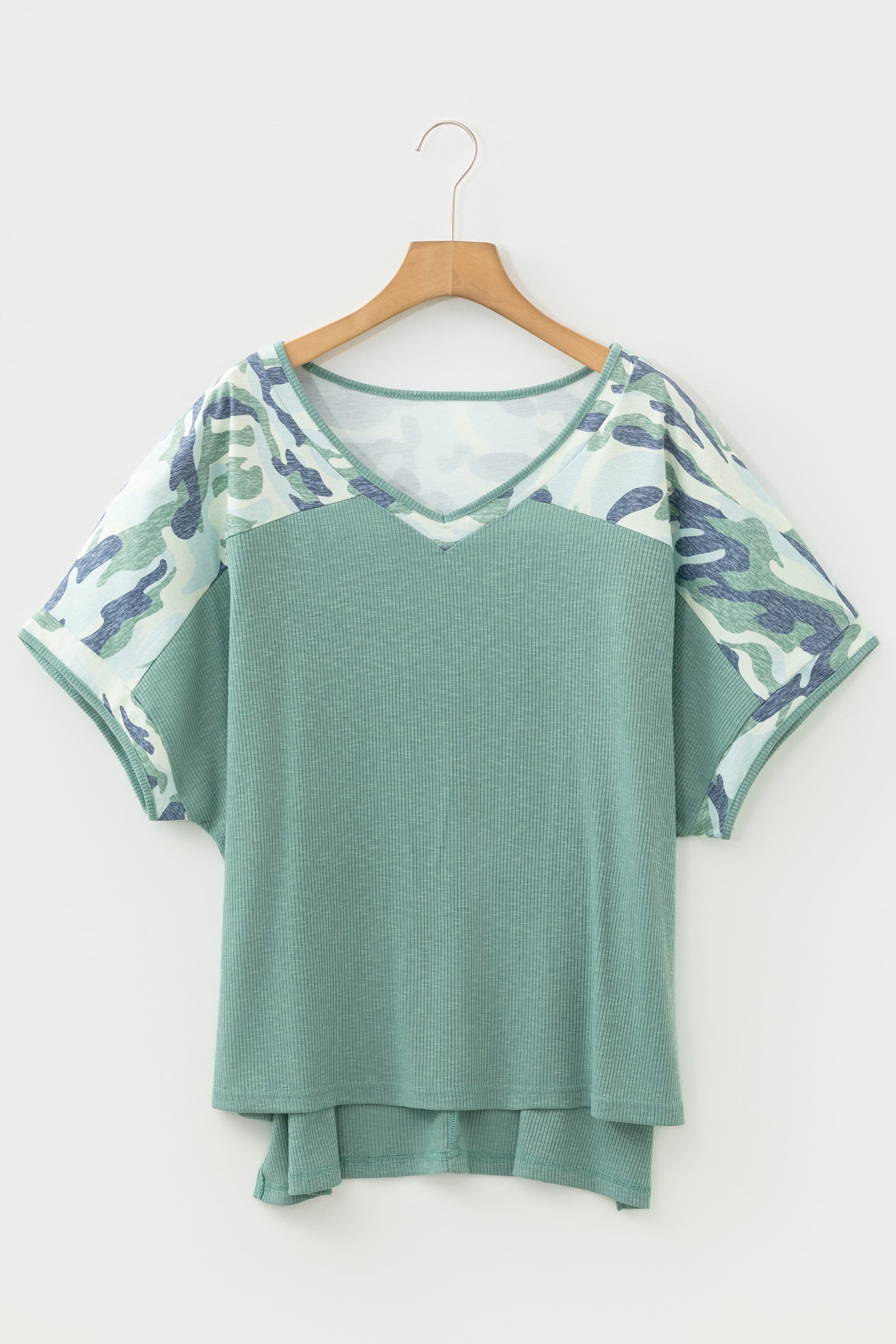 Plus size Mazie Mist Ribbed Patchwork Tee by Threaded Pear, featuring a stylish ribbed fabric and colorful patchwork design.