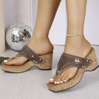 Plush Fashion Hub toe post wedge sandals with tan straps and chunky heels, perfect for casual summer wear.