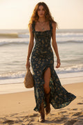 FitiqueFit ruffle trim asymmetrical chiffon maxi dress with high slit and high waist, flowing fabric and elegant design.