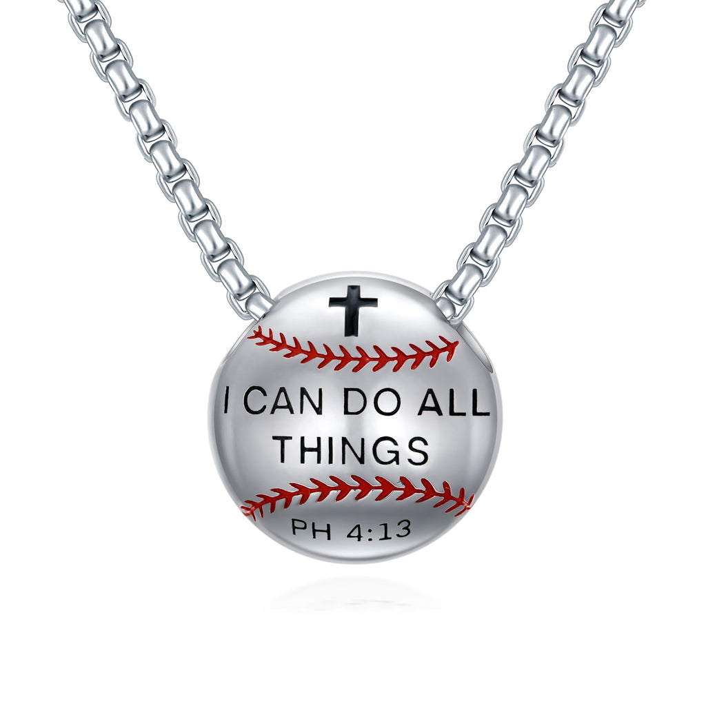 Sterling silver baseball necklace with pendant charm, featuring detailed design and polished finish on a sleek chain.